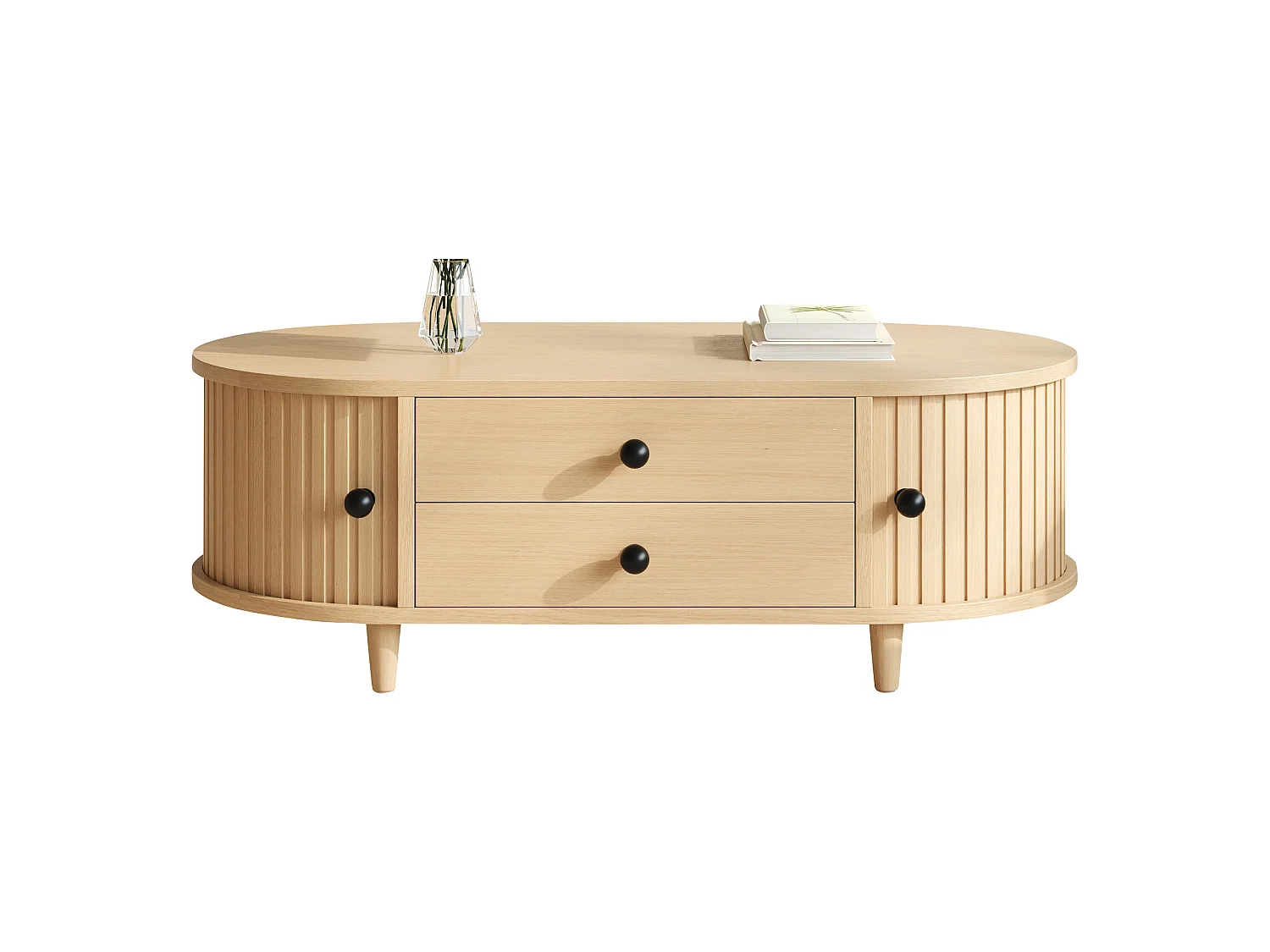 Table basse ovale 100×50×36 cm - avec 2 tiroirs et 2 portes coulissantes - Pieds en bois massif - MDF+bois massif - Naturel