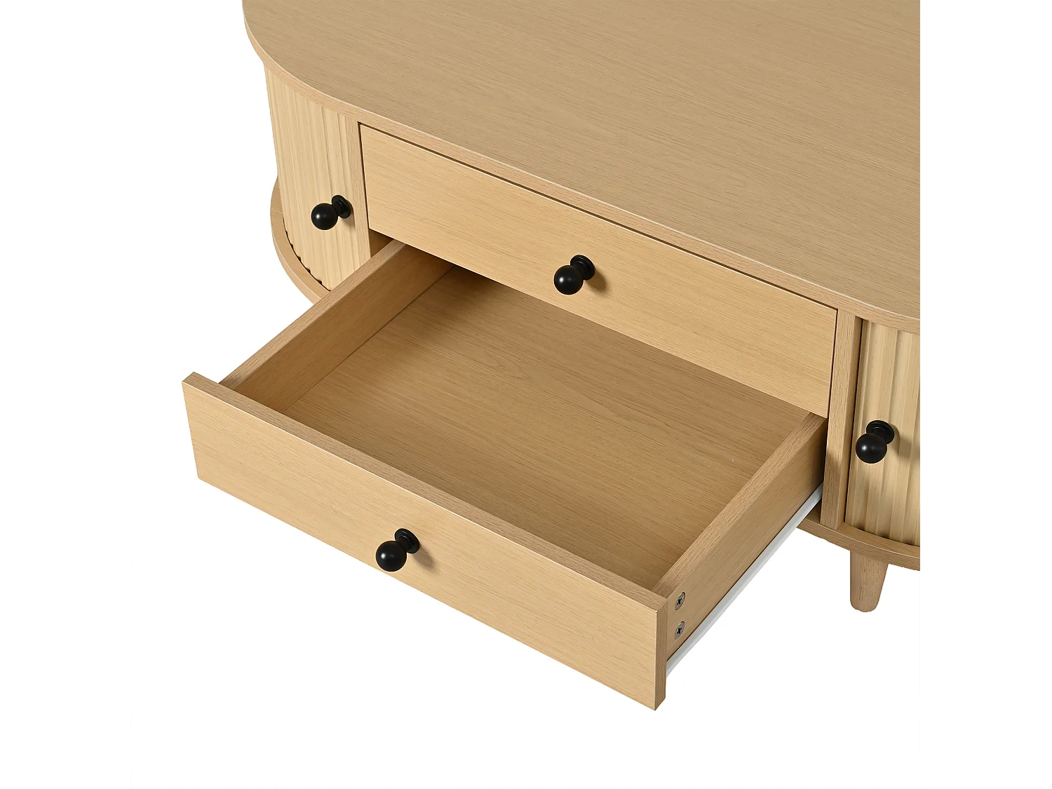 Table basse ovale 100×50×36 cm - avec 2 tiroirs et 2 portes coulissantes - Pieds en bois massif - MDF+bois massif - Naturel