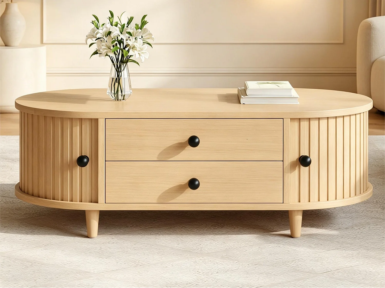 Table basse ovale 100×50×36 cm - avec 2 tiroirs et 2 portes coulissantes - Pieds en bois massif - MDF+bois massif - Naturel