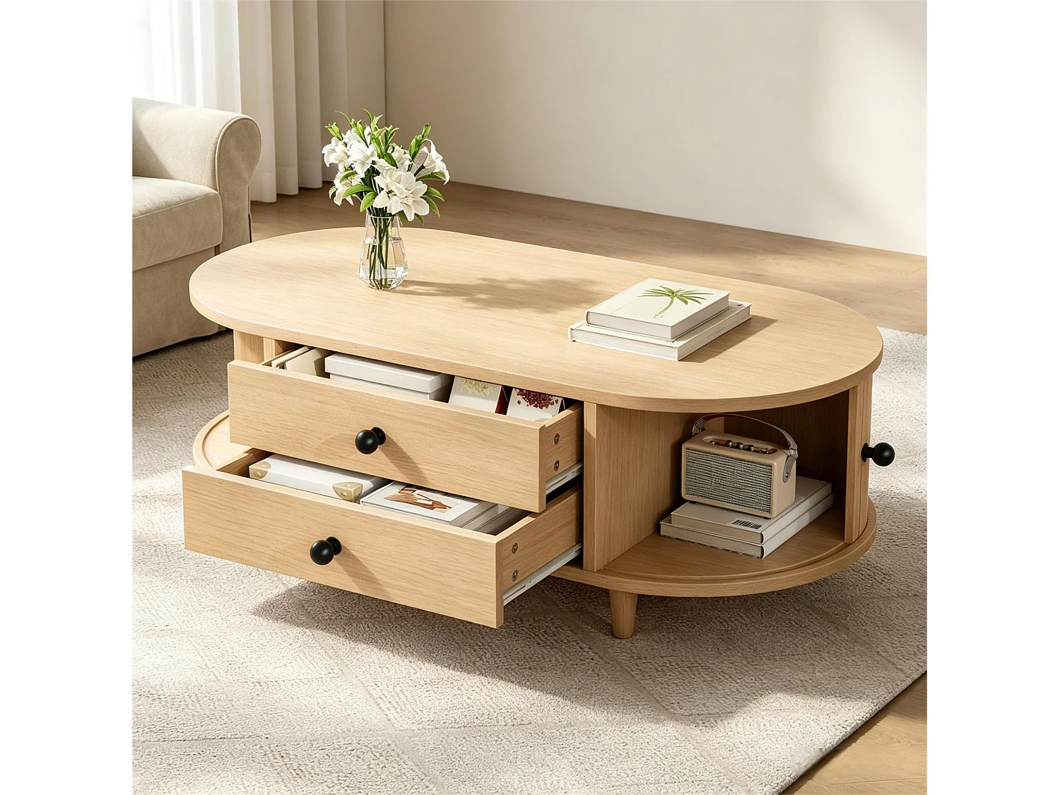 Table basse ovale 100×50×36 cm - avec 2 tiroirs et 2 portes coulissantes - Pieds en bois massif - MDF+bois massif - Naturel