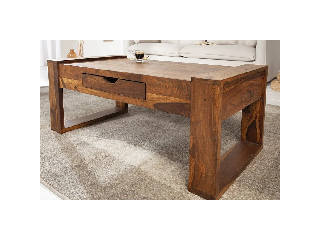 Table basse MOKARA 100 cm en bois massif de sheesham avec tiroir style contemporain