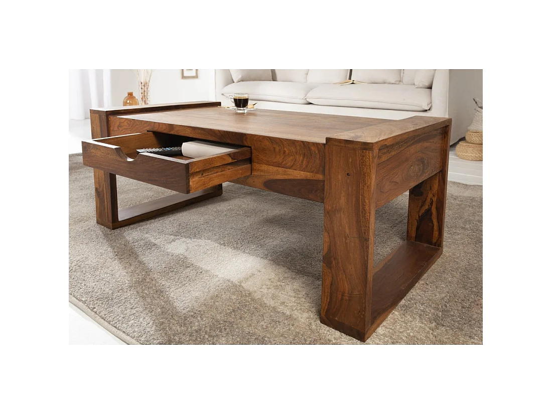 Table basse MOKARA 100 cm en bois massif de sheesham avec tiroir style contemporain
