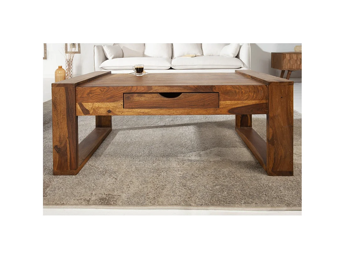 Table basse MOKARA 100 cm en bois massif de sheesham avec tiroir style contemporain