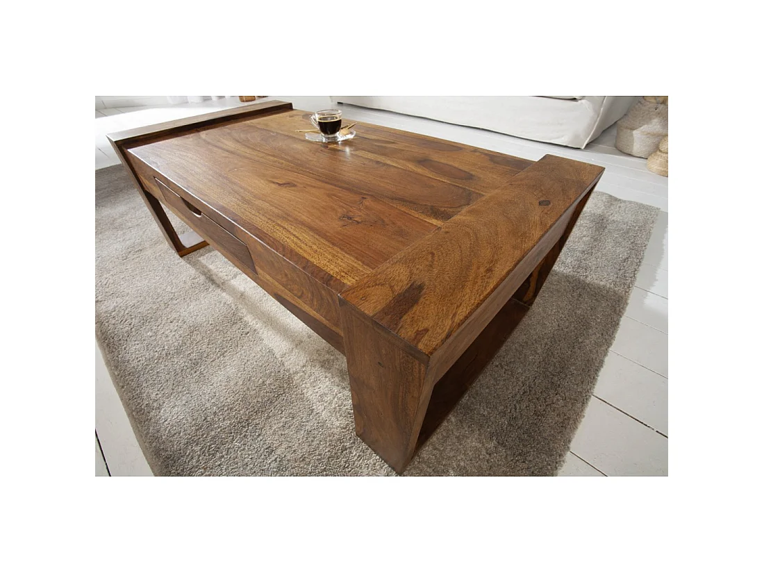 Table basse MOKARA 100 cm en bois massif de sheesham avec tiroir style contemporain