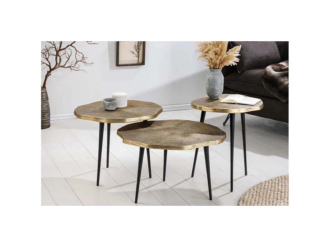Lot de 3 tables basses gigognes NERA dorées et noir – design chic contemporain