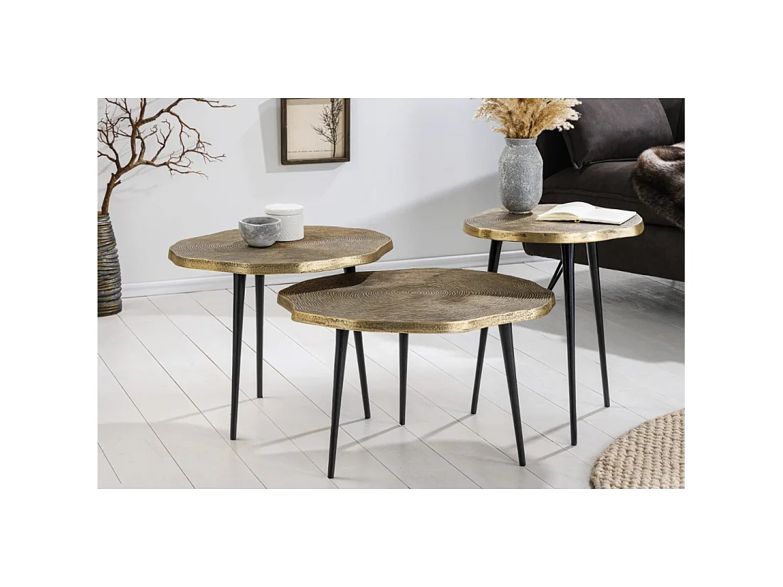 Lot de 3 tables basses gigognes NERA dorées et noir – design chic contemporain