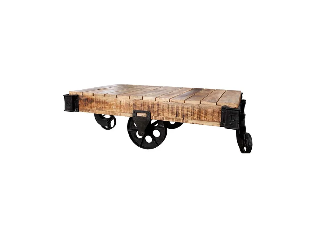 Mesa baja RAIL industrial con ruedas 110 cm – Madera de mango macizo y metal