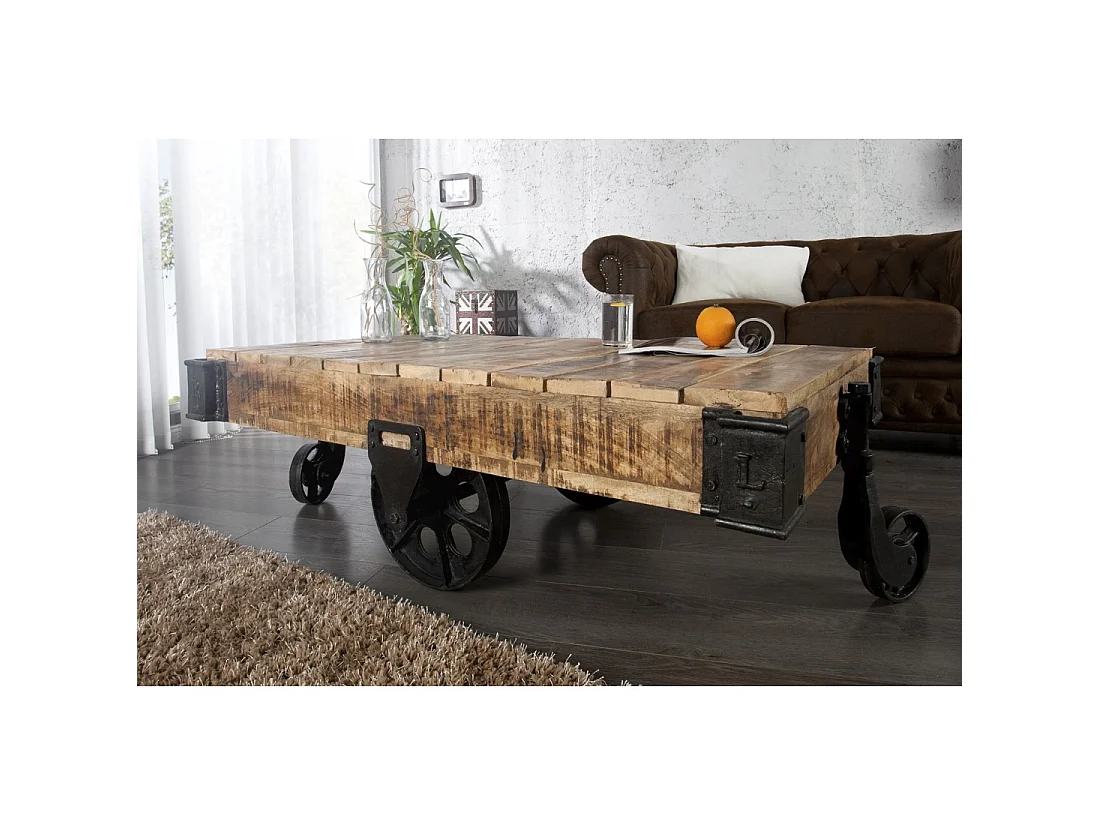 Mesa baja RAIL industrial con ruedas 110 cm – Madera de mango macizo y metal