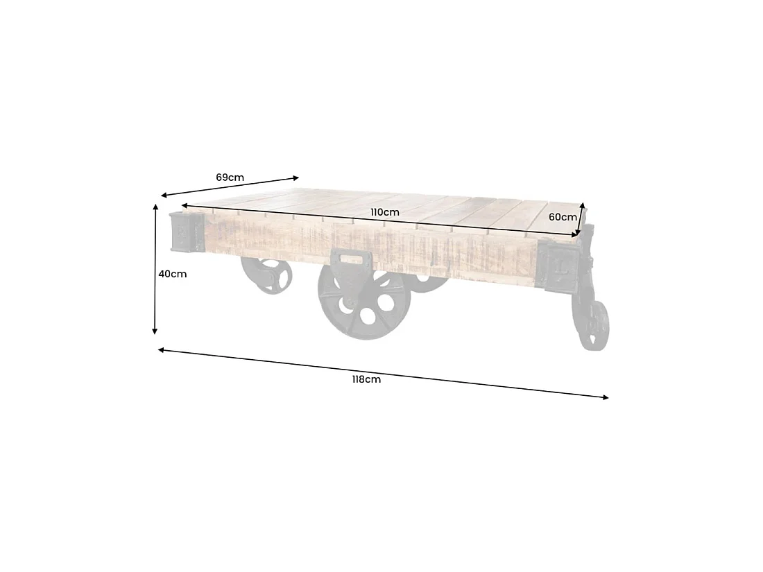 Mesa baja RAIL industrial con ruedas 110 cm – Madera de mango macizo y metal