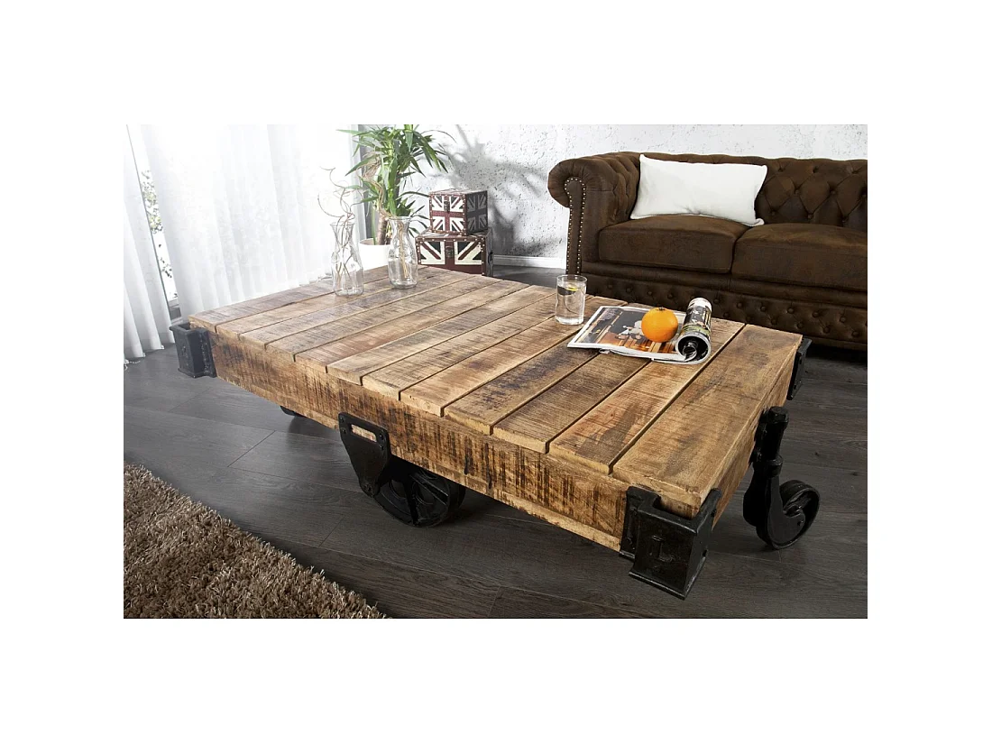 Mesa baja RAIL industrial con ruedas 110 cm – Madera de mango macizo y metal