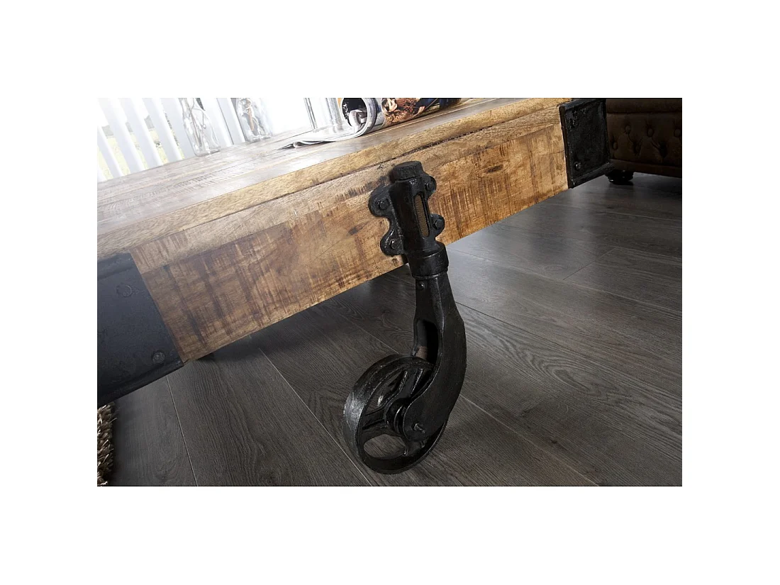 Mesa baja RAIL industrial con ruedas 110 cm – Madera de mango macizo y metal