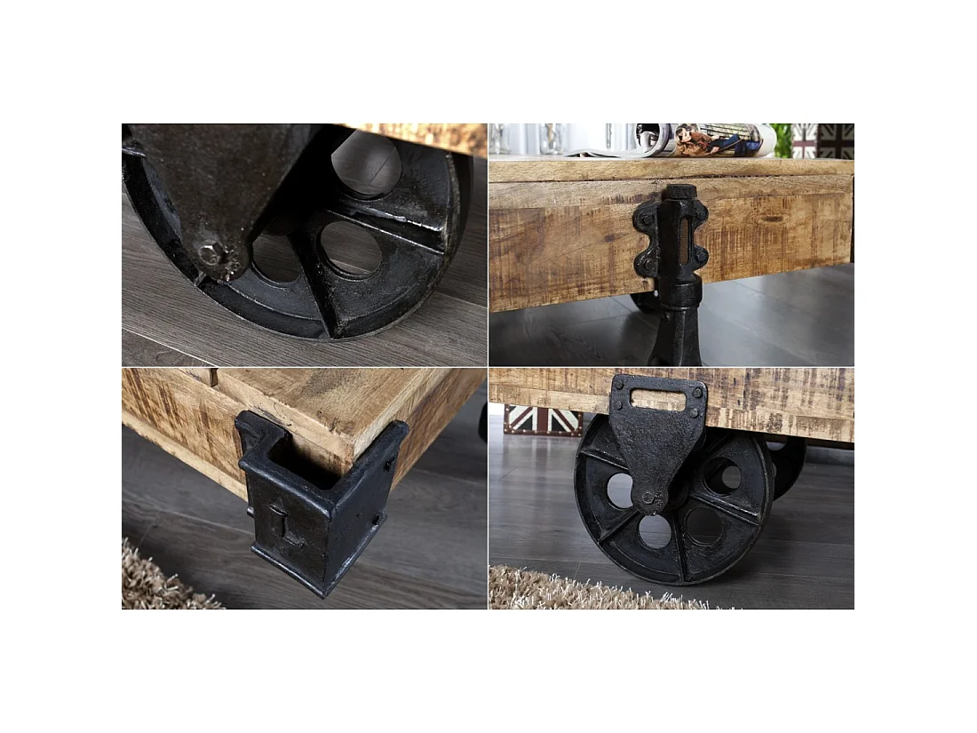 Mesa baja RAIL industrial con ruedas 110 cm – Madera de mango macizo y metal