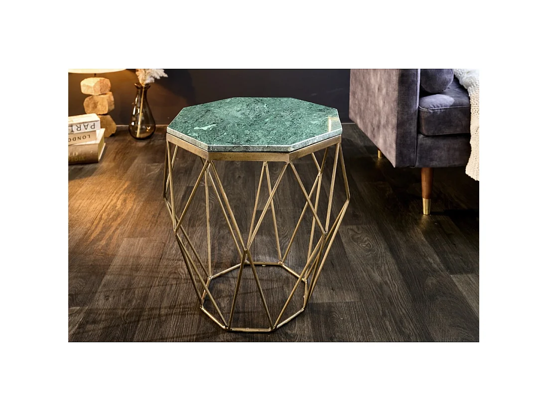 Couchtisch NEXORA 50 cm aus grünem Marmor und goldenem Metall mit geometrischem Design