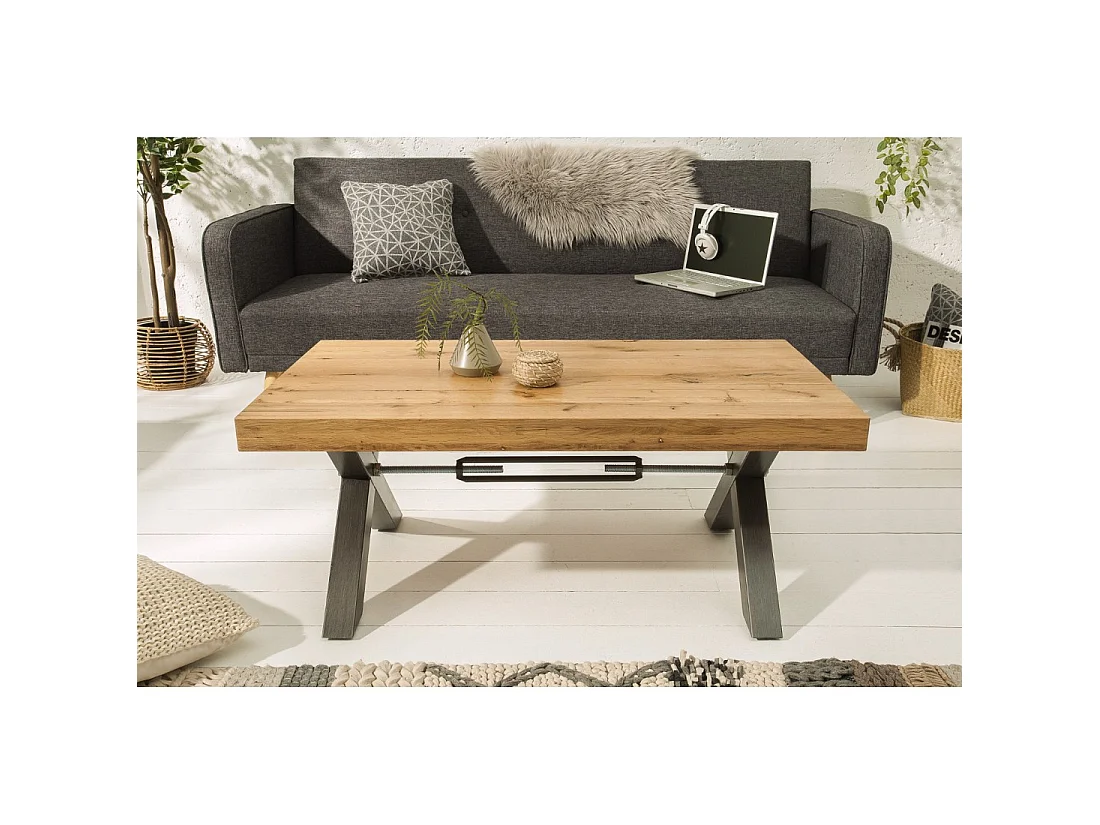 Mesa baja CAVARA 110 cm en madera maciza de roble aceitado con patas de metal negro en X - estilo industrial