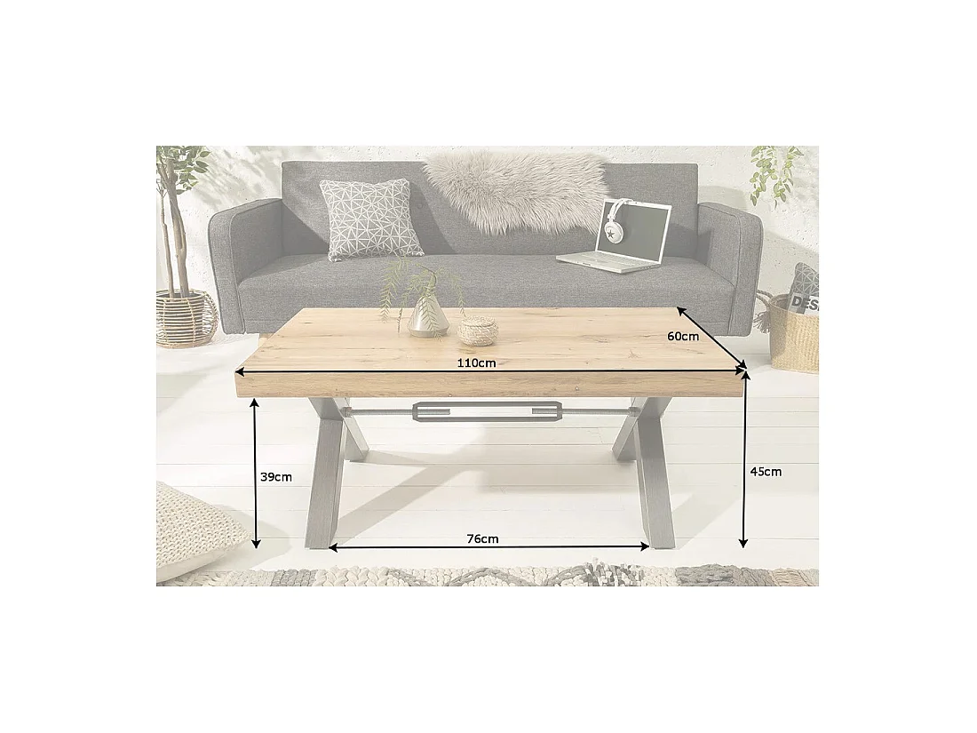 Mesa baja CAVARA 110 cm en madera maciza de roble aceitado con patas de metal negro en X - estilo industrial