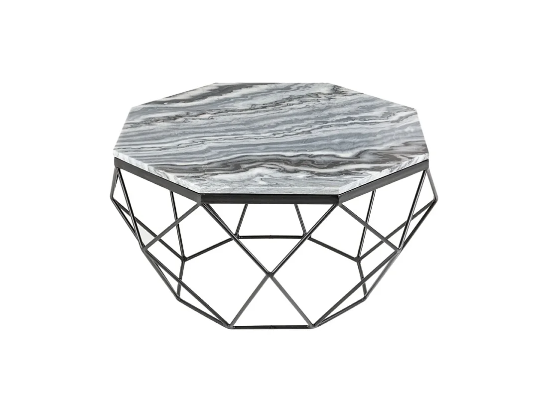 Lage tafel NEXORA 70 cm in grijs marmer en zwart metaal met geometrisch ontwerp