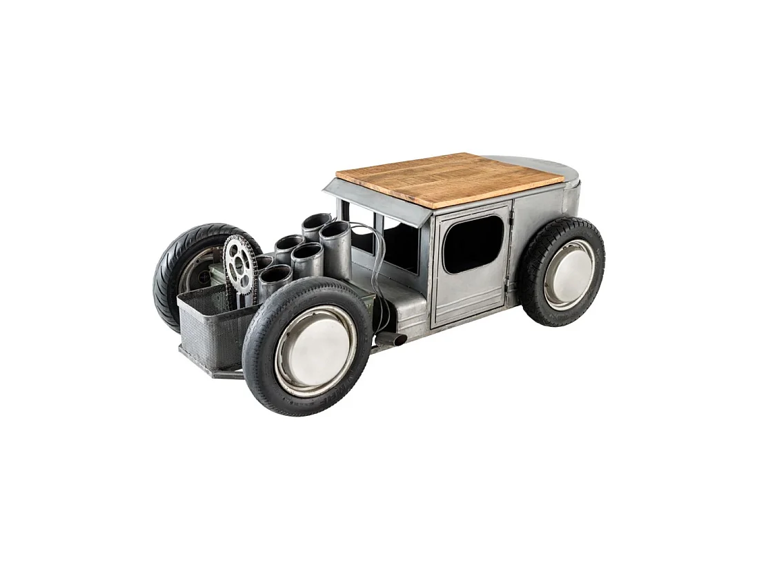 Mesa baja CARROAD 165 cm de acero y madera de mango estilo coche vintage