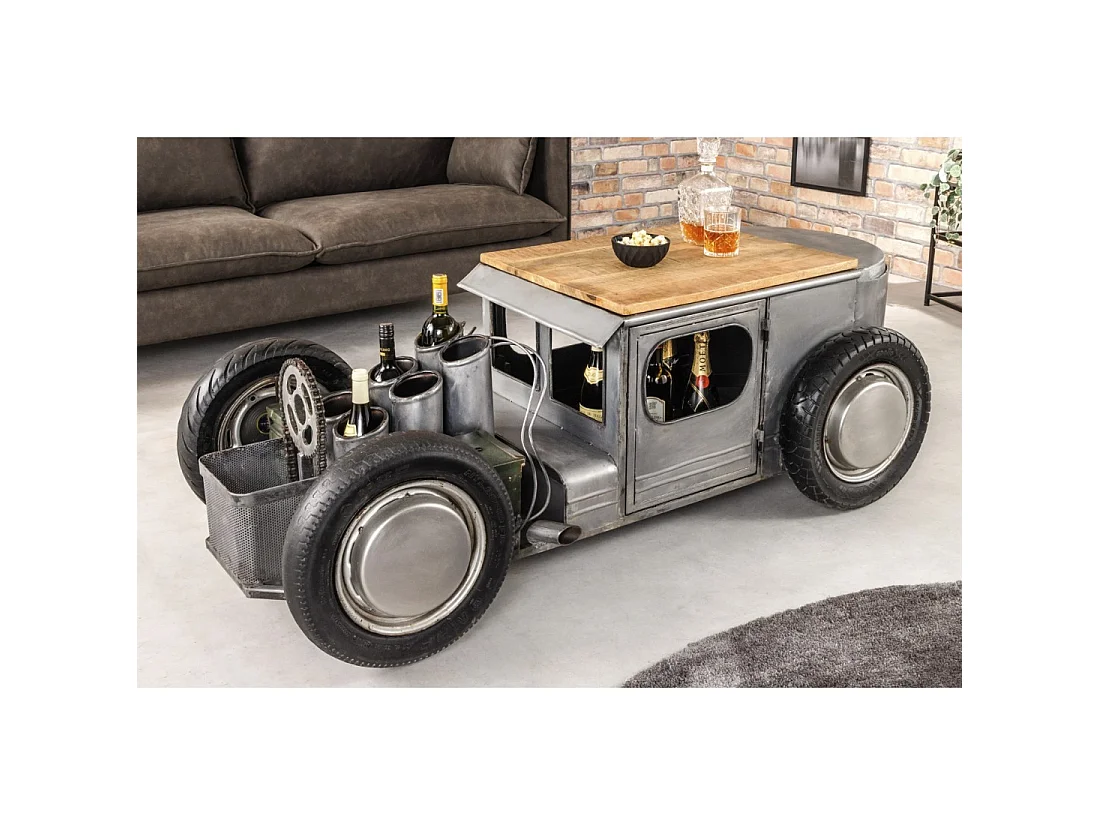 Mesa baja CARROAD 165 cm de acero y madera de mango estilo coche vintage