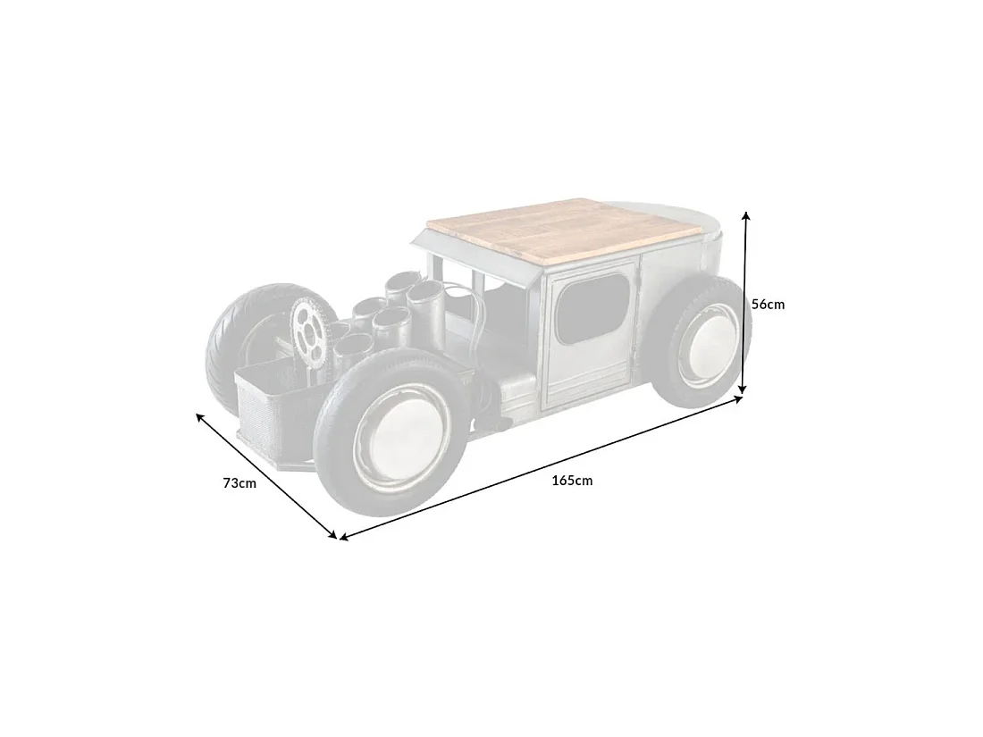 Mesa baja CARROAD 165 cm de acero y madera de mango estilo coche vintage
