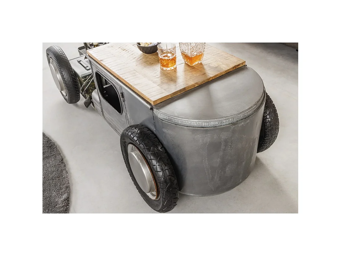 Mesa baja CARROAD 165 cm de acero y madera de mango estilo coche vintage