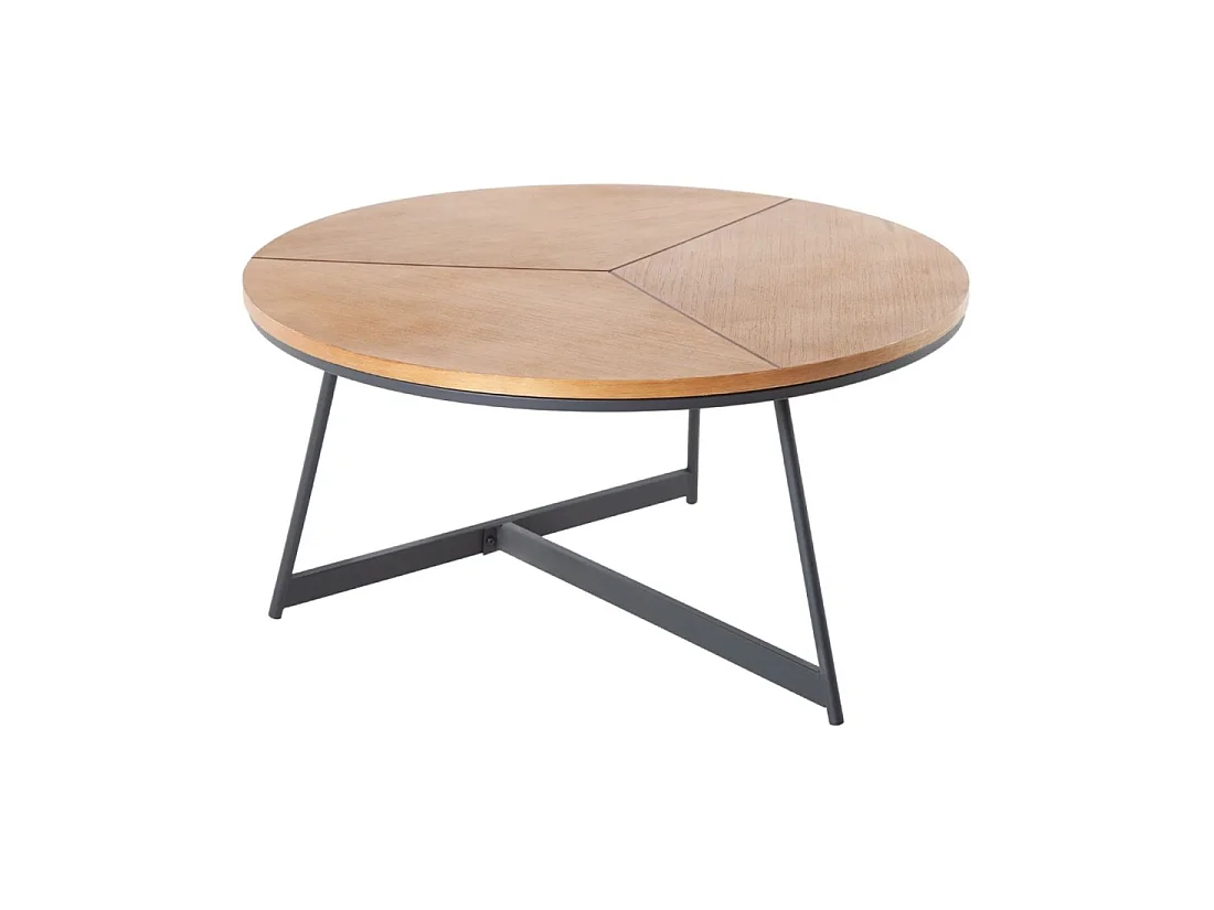 Runder Couchtisch ZENTOR 80 cm Massivholz und schwarzes Metall im Industriestil
