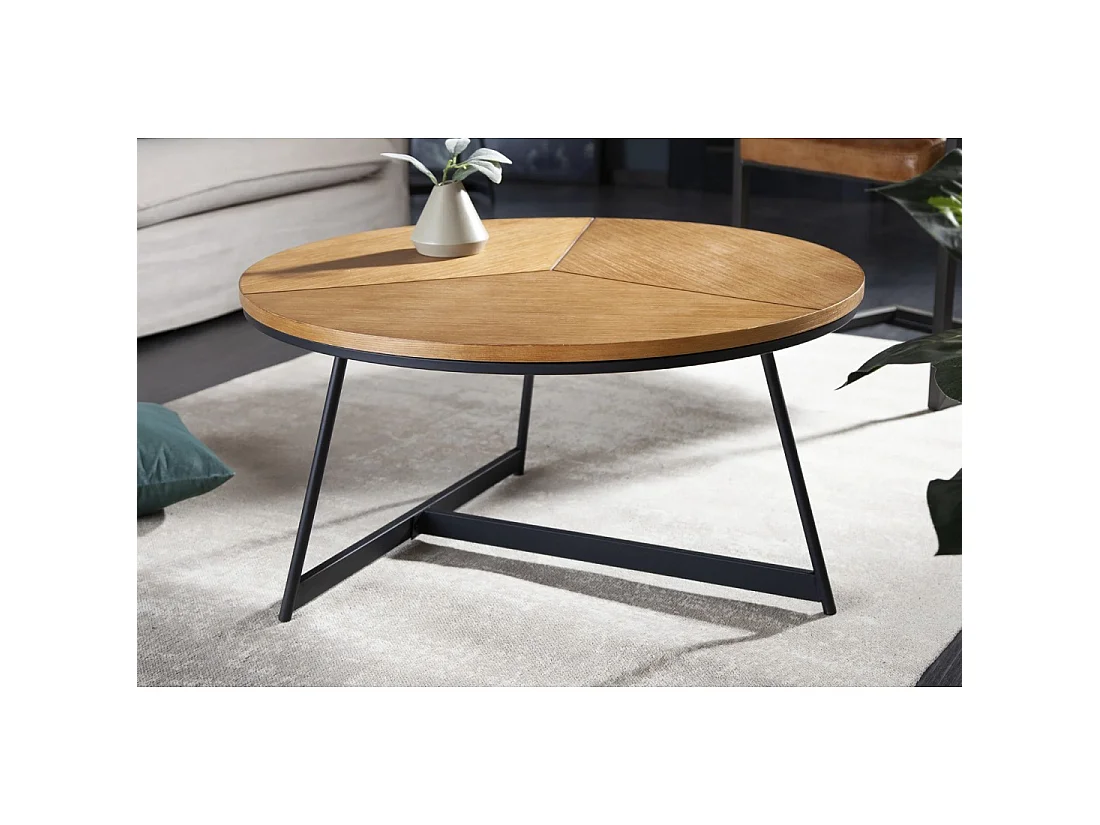 Runder Couchtisch ZENTOR 80 cm Massivholz und schwarzes Metall im Industriestil