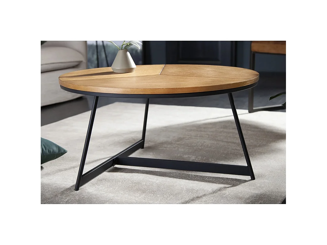 Runder Couchtisch ZENTOR 80 cm Massivholz und schwarzes Metall im Industriestil