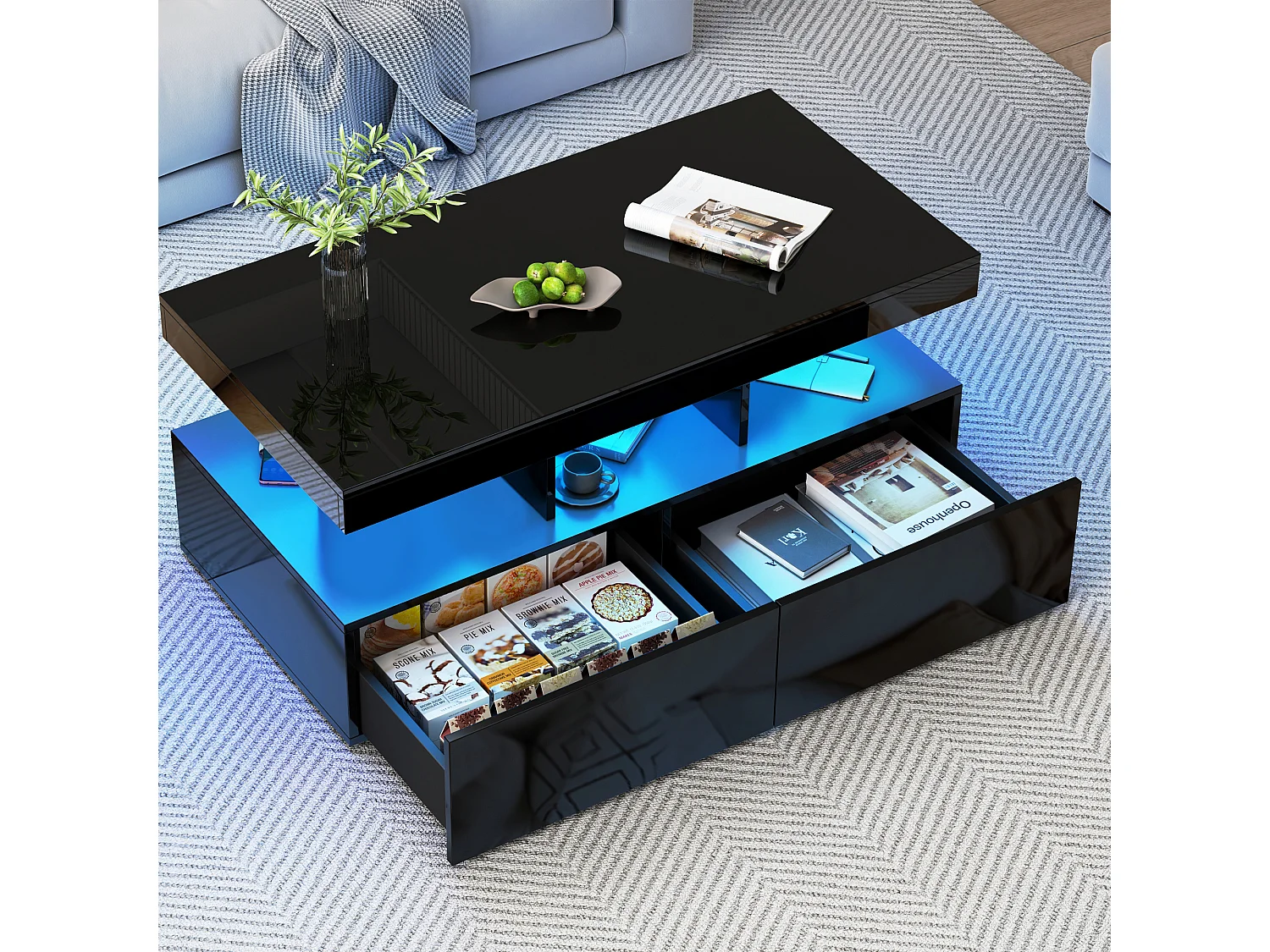 Table Basse, Surface Brillant Noire, LED Intégrée, Double Tiroir, Grand Rangement pour Espace Intérieur, 104x53x46 cm
