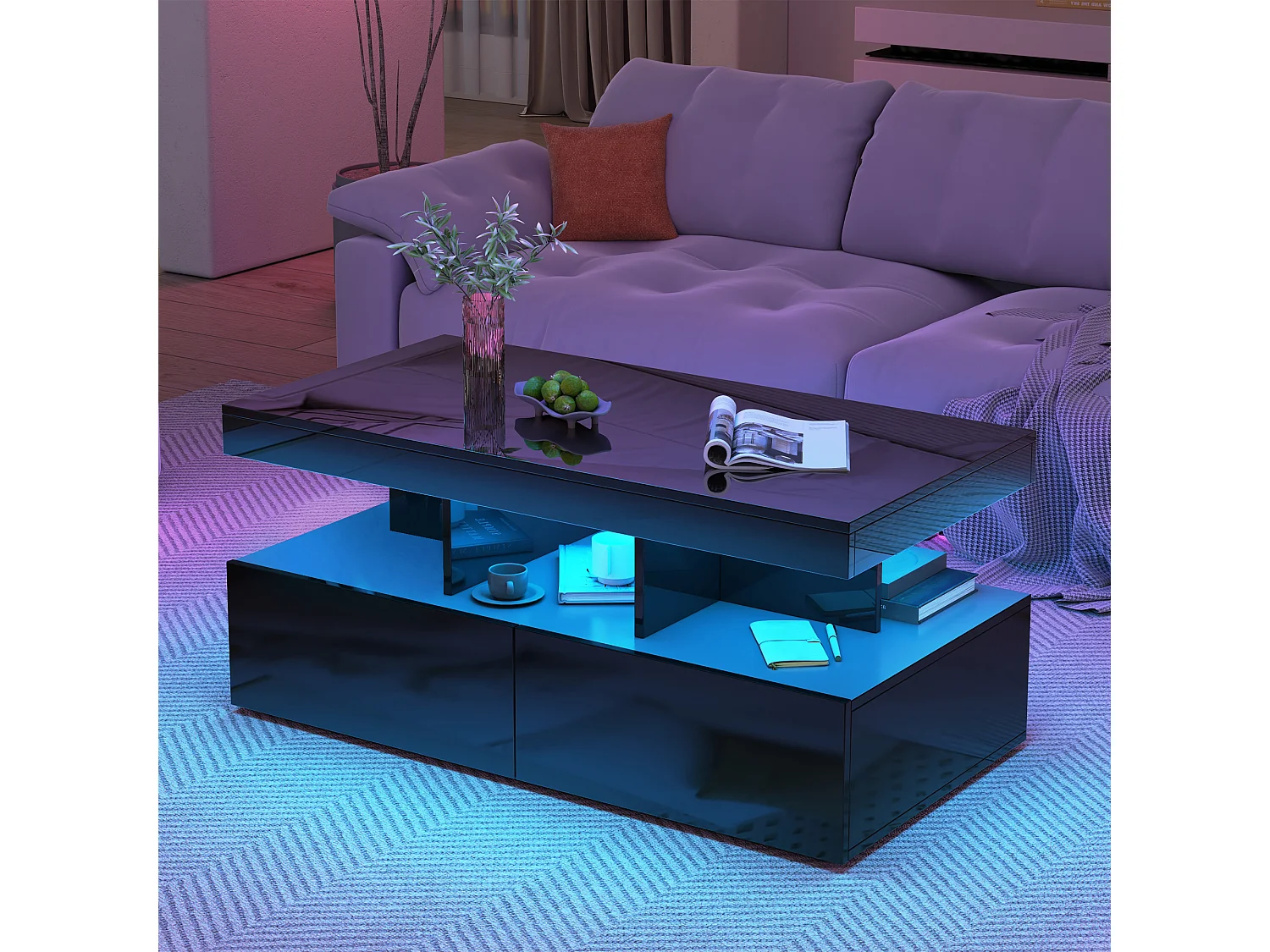Table Basse, Surface Brillant Noire, LED Intégrée, Double Tiroir, Grand Rangement pour Espace Intérieur, 104x53x46 cm