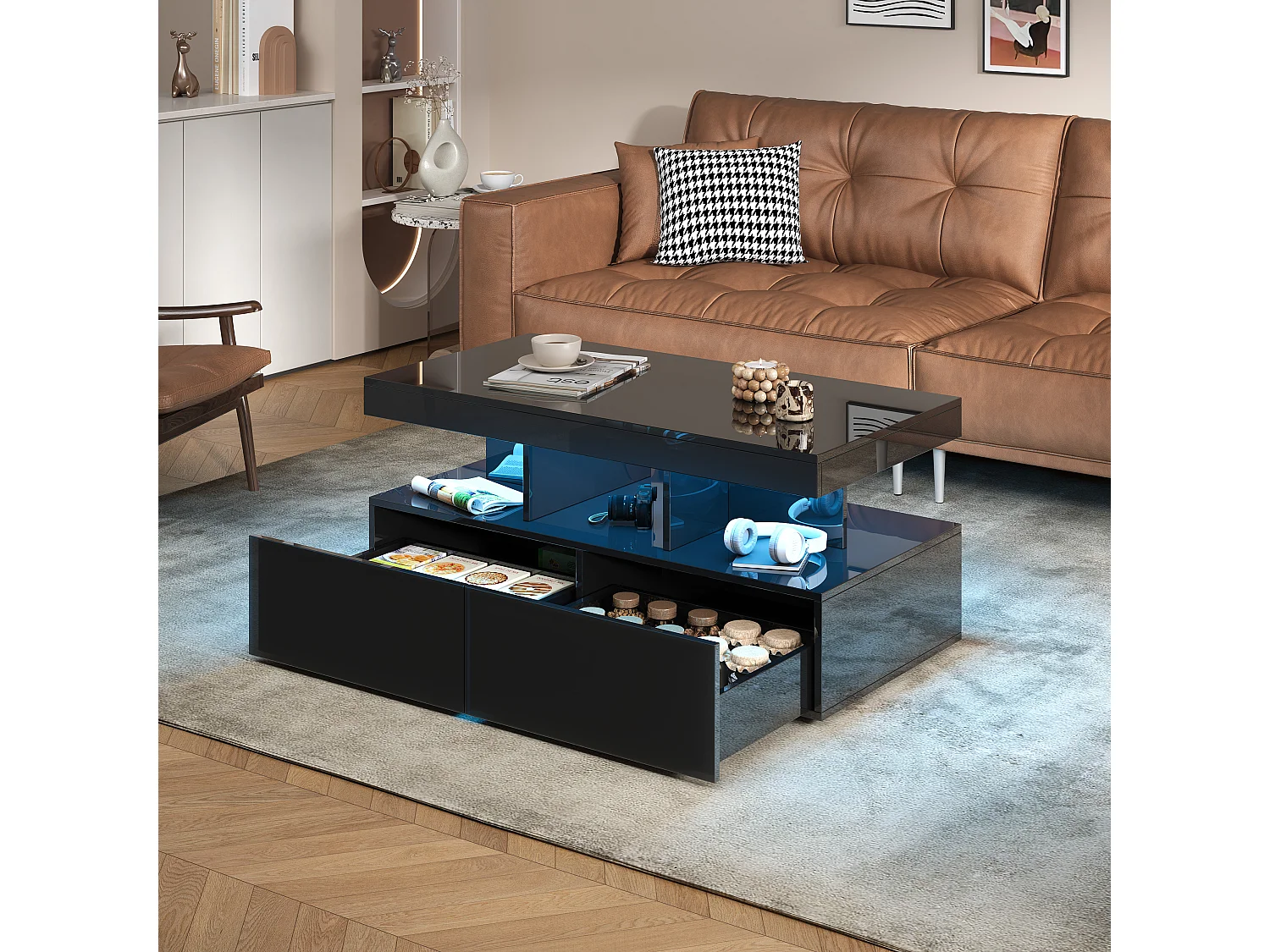 Table Basse, Surface Brillant Noire, LED Intégrée, Double Tiroir, Grand Rangement pour Espace Intérieur, 104x53x46 cm