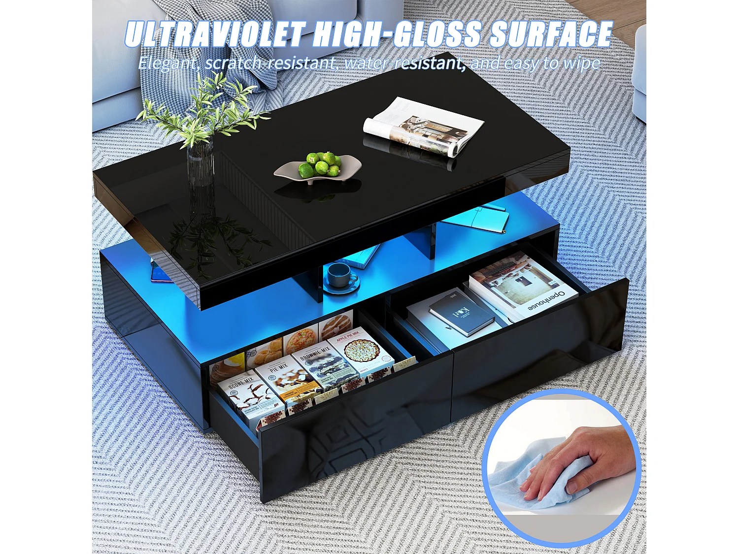 Table Basse, Surface Brillant Noire, LED Intégrée, Double Tiroir, Grand Rangement pour Espace Intérieur, 104x53x46 cm
