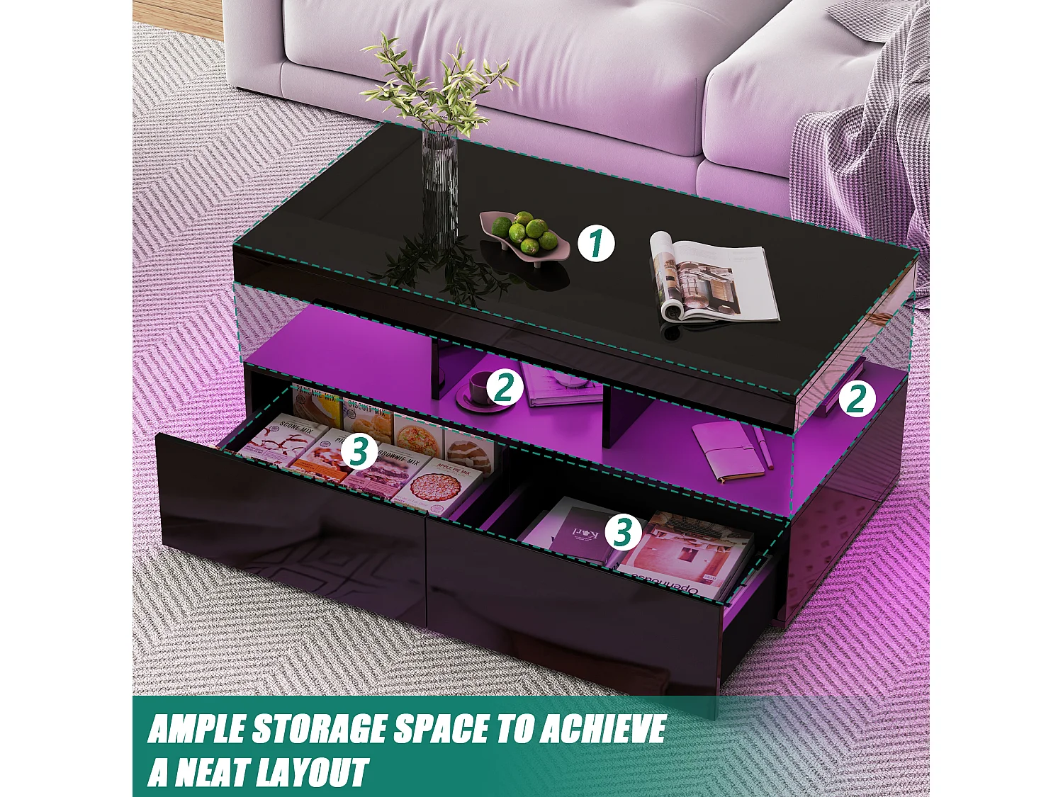 Table Basse, Surface Brillant Noire, LED Intégrée, Double Tiroir, Grand Rangement pour Espace Intérieur, 104x53x46 cm