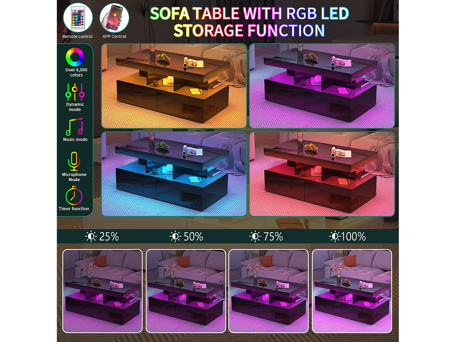 Table Basse, Surface Brillant Noire, LED Intégrée, Double Tiroir, Grand Rangement pour Espace Intérieur, 104x53x46 cm