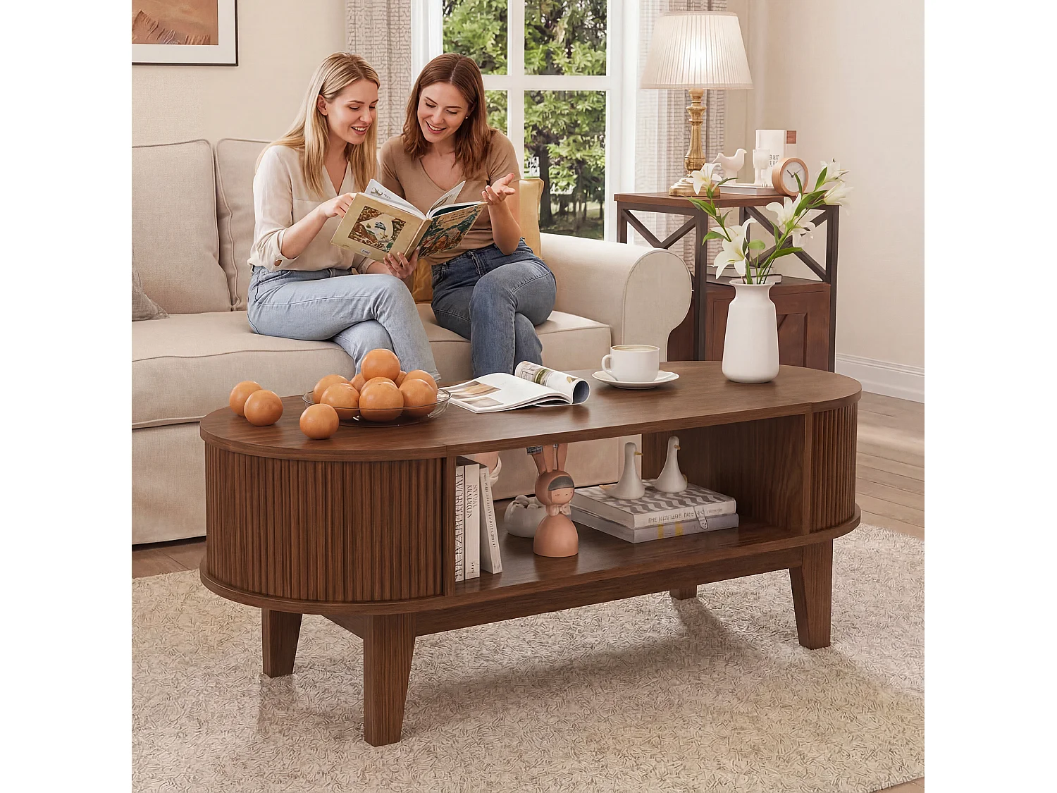 Table Basse Ovale en Bois Noyer avec Rangement Caché et Fermeture Douce pour Salon 100x50x50,4cm