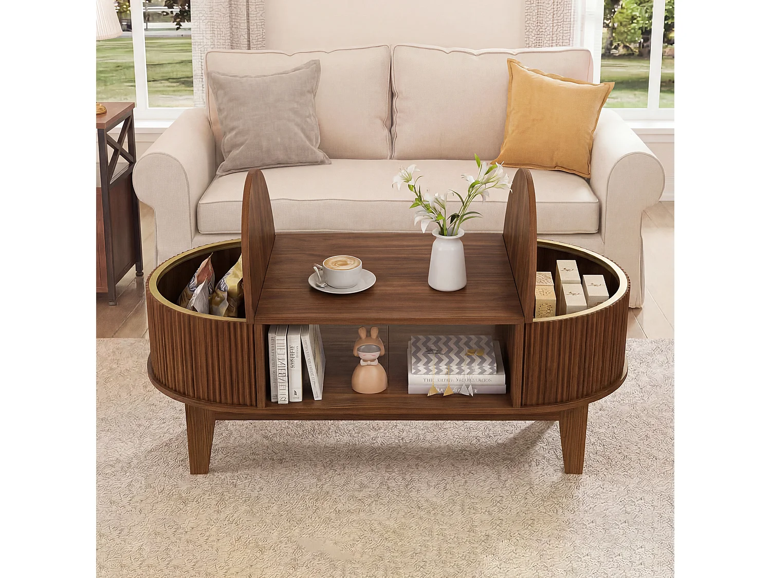 Table Basse Ovale en Bois Noyer avec Rangement Caché et Fermeture Douce pour Salon 100x50x50,4cm