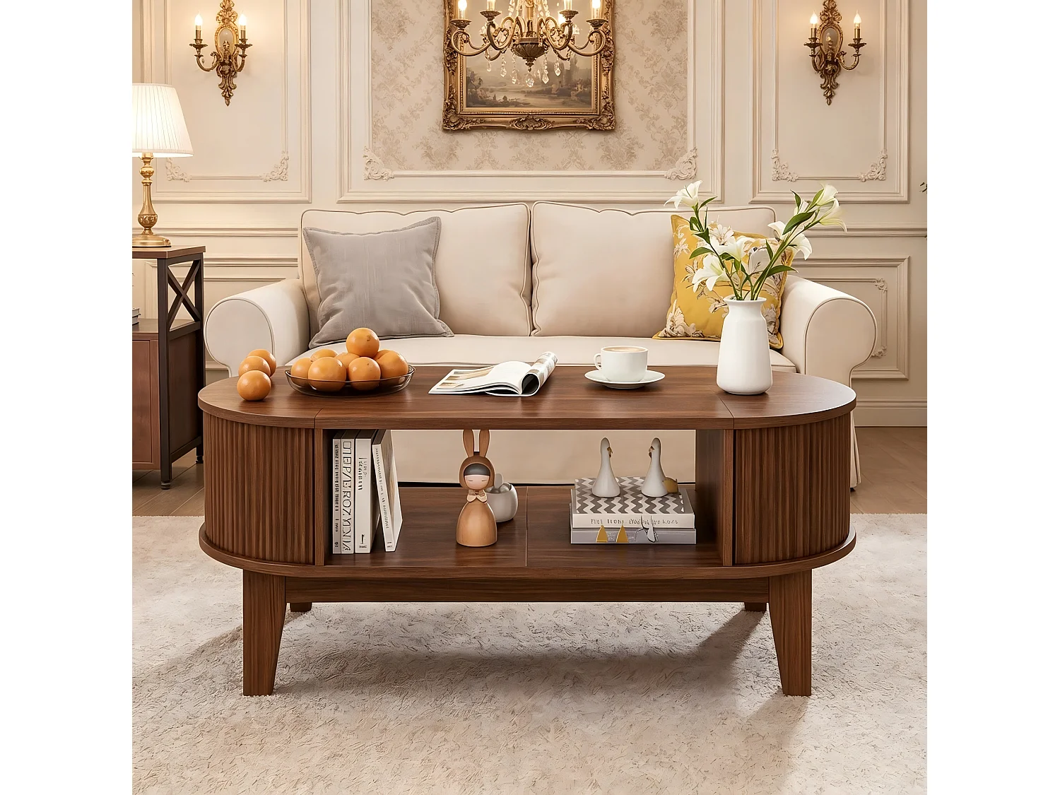 Table Basse Ovale en Bois Noyer avec Rangement Caché et Fermeture Douce pour Salon 100x50x50,4cm