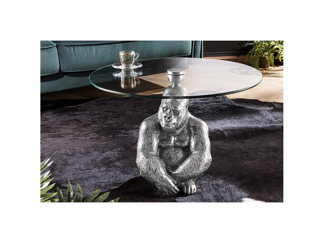 Table basse GORILOX ronde 60 cm en aluminium argenté et verre trempé