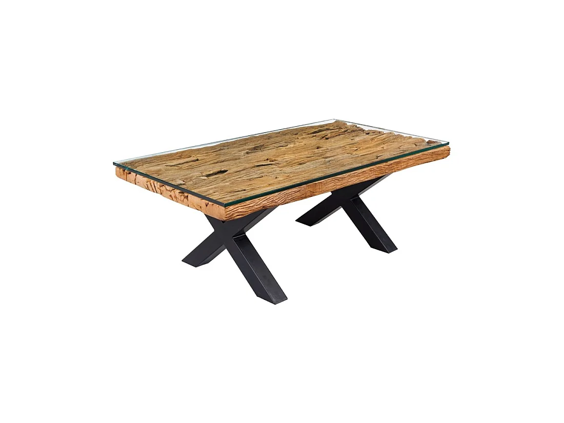Mesa de centro RAFTA 110 cm en teca reciclada con vidrio templado – Diseño industrial con patas cruzadas de metal