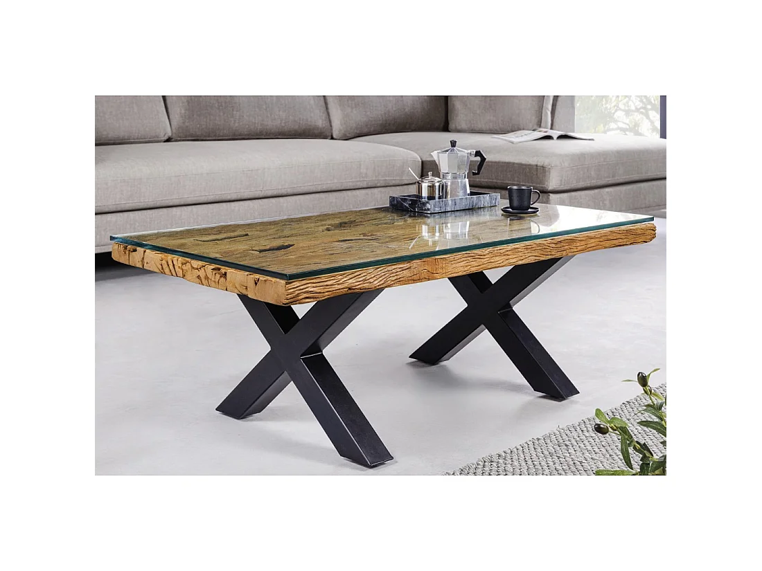 Mesa de centro RAFTA 110 cm en teca reciclada con vidrio templado – Diseño industrial con patas cruzadas de metal