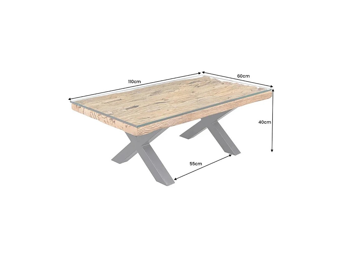 Mesa de centro RAFTA 110 cm en teca reciclada con vidrio templado – Diseño industrial con patas cruzadas de metal
