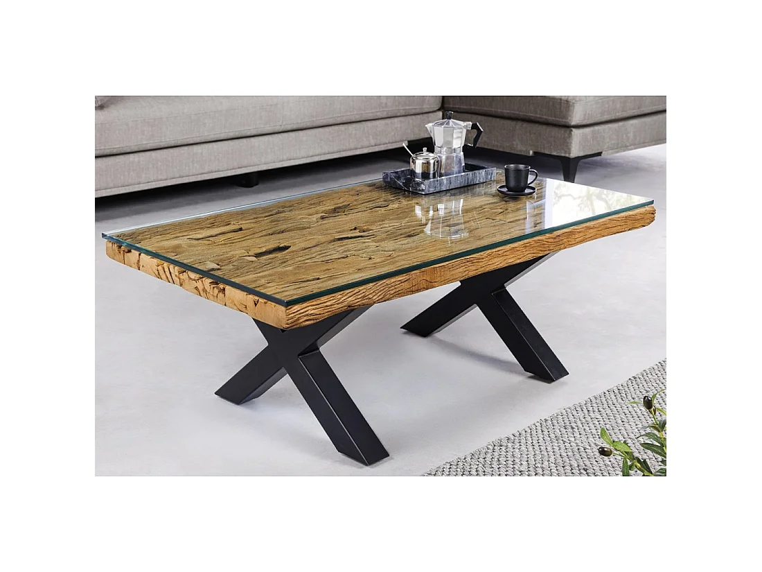 Mesa de centro RAFTA 110 cm en teca reciclada con vidrio templado – Diseño industrial con patas cruzadas de metal