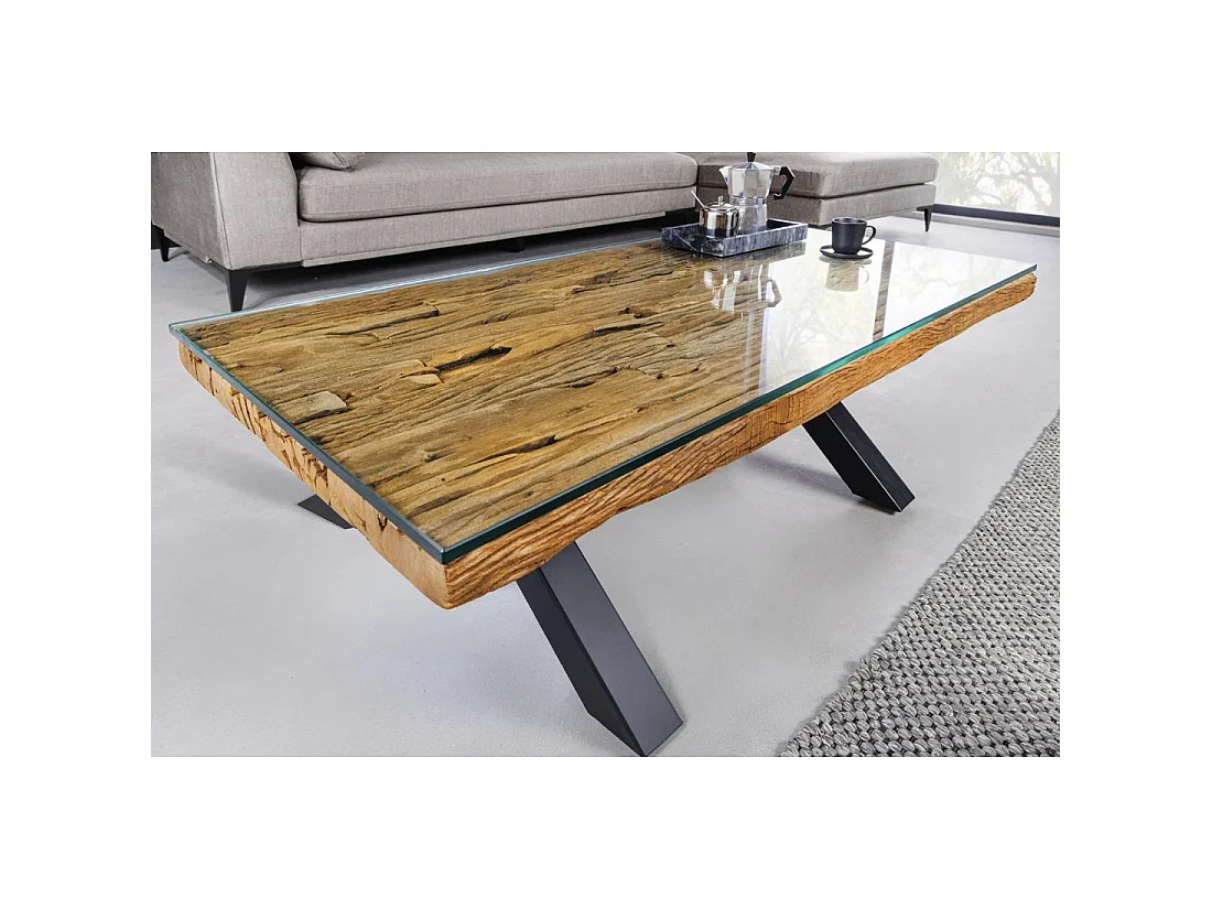 Mesa de centro RAFTA 110 cm en teca reciclada con vidrio templado – Diseño industrial con patas cruzadas de metal