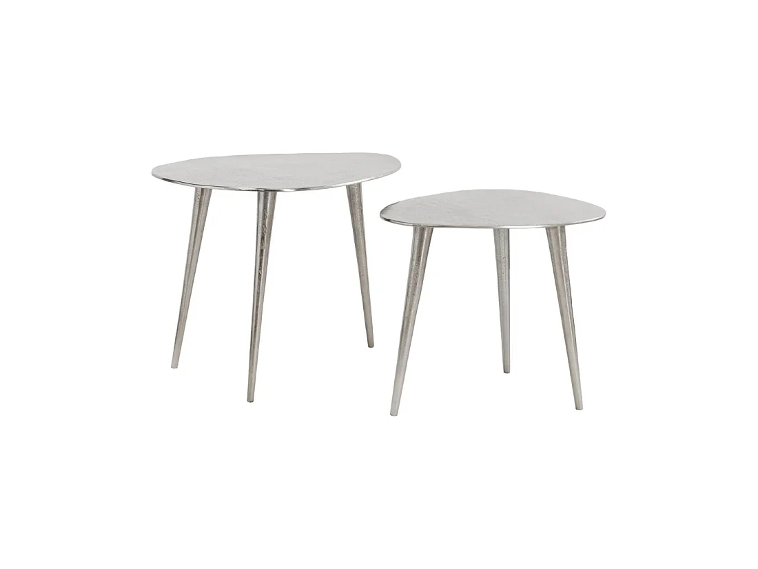 Tables basses gigognes VORTEX argentées en aluminium – lot de 2 tables design asymétriques