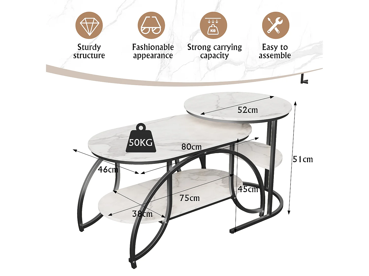 Table Basse Moderne, Plateau Effet Marbre Blanc, Pieds Métalliques Dorés, Design Géométrique, Multifonctionnel pour Salon, Petit Espace