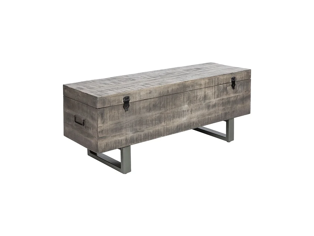 Mesa baja o banco baúl MERAX 115 cm gris en madera maciza y metal estilo industrial