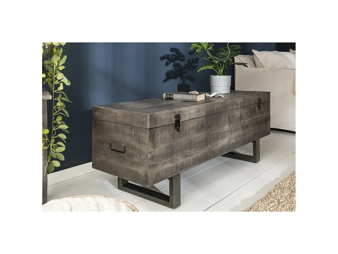 Mesa baja o banco baúl MERAX 115 cm gris en madera maciza y metal estilo industrial