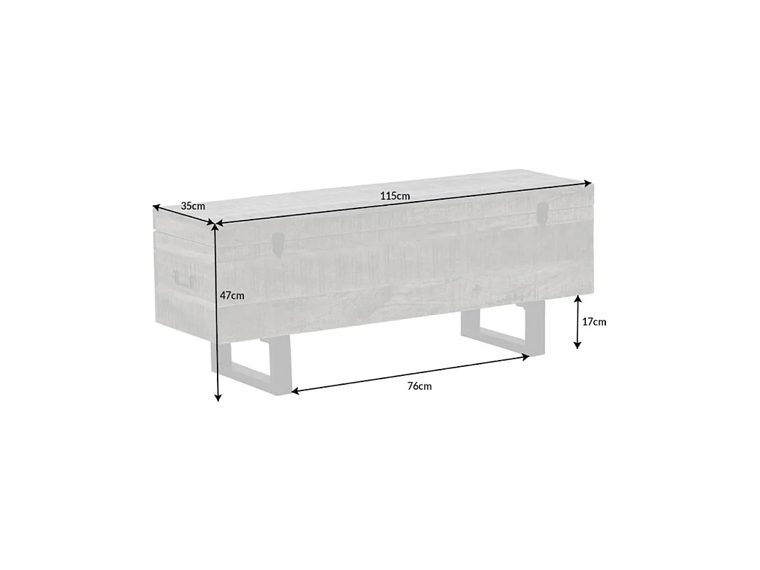 Mesa baja o banco baúl MERAX 115 cm gris en madera maciza y metal estilo industrial