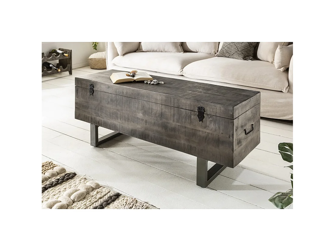Mesa baja o banco baúl MERAX 115 cm gris en madera maciza y metal estilo industrial