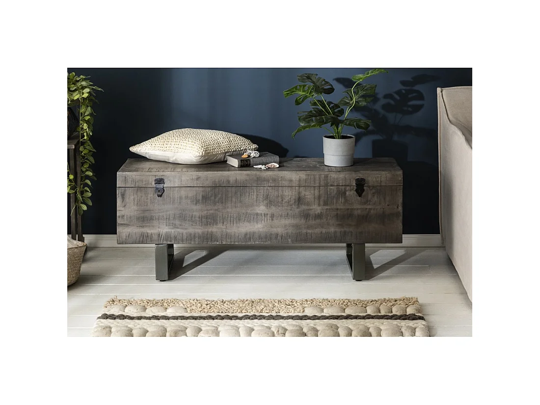 Mesa baja o banco baúl MERAX 115 cm gris en madera maciza y metal estilo industrial