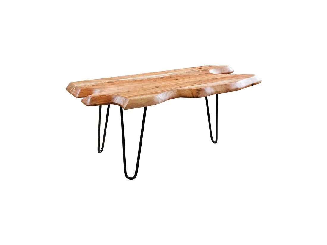 Table basse RIVET aus massivem Akazienholz in organischer Form und schwarzem Metall – natürliches Industriedesign